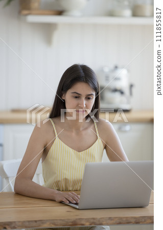 Woman studying on-line, chatting in social media using laptop 111855817