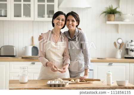 Older mother and adult daughter hugging, posing together in kitchen 111856135
