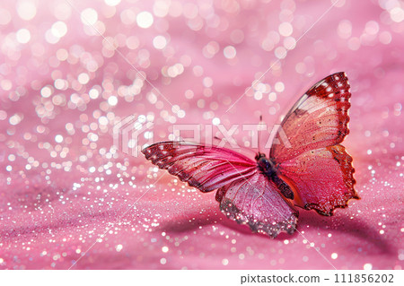 A delicate pink butterfly with sparkling glitter on a dreamy bokeh background, perfect for baby announcements, spring themes, or enchanting design elements. Copy space for text. Generative AI. 111856202