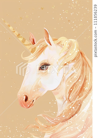A gentle, golden-hued unicorn illustration, ideal for childrens books, fantasy art, or thematic party invitations, radiating a warm, dreamlike quality. With space for text. Vertical format. 111856239
