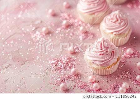 Pink background with elegant glittering cupcakes, copy space. Women's Day. Its a girl backdrop with empty space. Baby shower or birthday invitation, party. Baby girl birth announcement. Generative AI. 111856242
