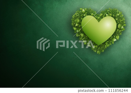 A heart-shaped arrangement of lush green leaves on a green backdrop, symbolizing love for Earth. Perfect for Earth Day promotions and environmental themes with ample copy space. Generative AI. 111856244