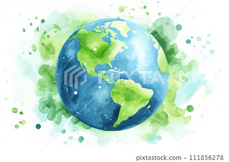 Artistic watercolor illustration of Earth, splashed with vibrant green and blue hues, perfect for Earth Day promotions, environmental awareness campaigns, and educational materials. Generative AI. 111856278