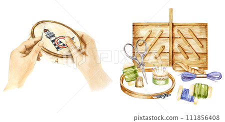 set of watercolor composition with embroidery tools, hand drawn sketch of handiwork with needlework wooden box, scissors, flosses, yarn, pincushion, embroidery frame, skein and hands with needlework set of watercolor composition with embroidery tools, hand drawn sketch of handiwork with needlework wooden box, scissors, flosses, yarn, pincushion, embroidery frame, skein and hands with needlework 111856408