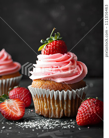 A gourmet cupcake topped with smooth strawberry frosting and a fresh berry, set against a dark, elegant backdrop. Generative AI. 111856463