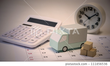 Delivery schedule management, truck, clock, calendar, calculator 111856536