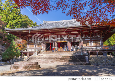 Takao, Kyoto in autumn, Jingoji Temple, Kondo hall surrounded by autumn leaves 111856679