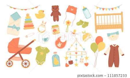 Baby shower set. Items for baby care. Flat vector isolated illustration Baby shower set. Items for baby care. Flat vector isolated illustration 111857233