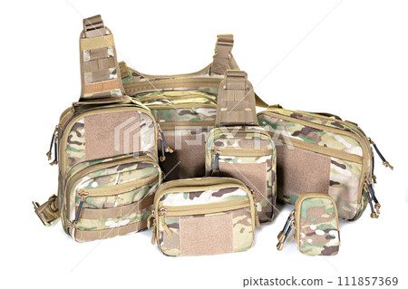 Backpack bag gear protective color khaki, tactical sports equipment isolated on white background Backpack bag gear protective color khaki, tactical sports equipment isolated on white background 111857369