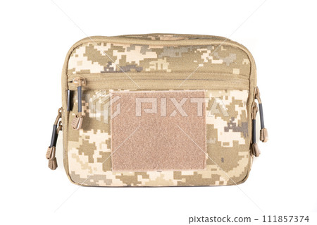 Backpack bag gear protective color khaki, tactical sports equipment isolated on white background 111857374