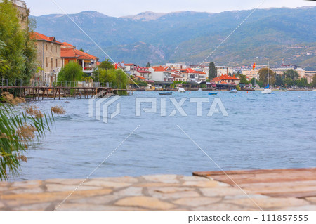 Lake Ohrid and city panorama, North Macedonia 111857555