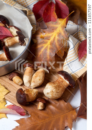 Several Imleria Badia or Boletus badius mushrooms commonly known as the bay bolete, vintage baking sheet with mushrooms on wooden cutting board.. 111857597