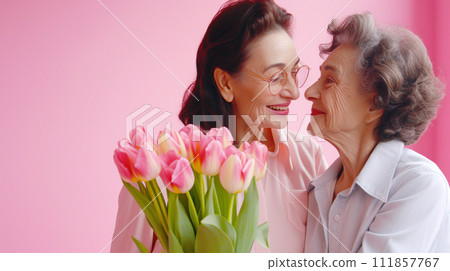 AI-generated content. Happy mother's day! Beautiful young woman and her mother with flowers AI-generated content. Happy mother's day! Beautiful young woman and her mother with flowers 111857767