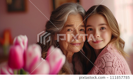 AI-generated content. Happy mother's day! Beautiful young girl and her grandmother with flowers 111857785