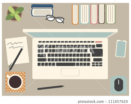 Overhead view of work desk Overhead view of work desk 111857820