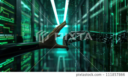 AI-generated content. Human hand touching an android hand on a glass hallway of computer intelligence 111857866