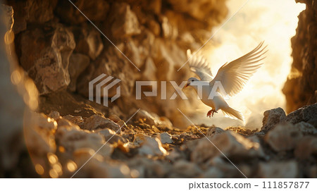 AI-generated content. White dove and tomb symbolizing the crucifixion and resurrection of Jesus Christ for Easter 111857877
