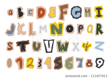 Old flat vibrant cut-out alphabet and numbers set Old flat vibrant cut-out alphabet and numbers set 111857921