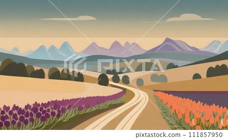 流行鄉村道路插畫，綠樹成蔭的道路，單行道 111857950