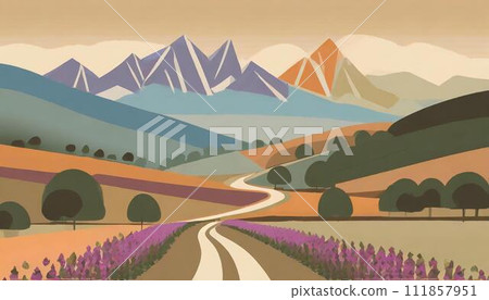 流行鄉村道路插畫，綠樹成蔭的道路，單行道 111857951