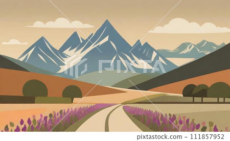 Pop country road illustration, tree-lined road, single road 111857952