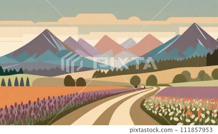 流行鄉村道路插畫，綠樹成蔭的道路，單行道 111857953