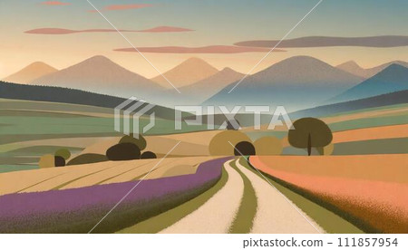 流行鄉村道路插畫，綠樹成蔭的道路，單行道 111857954