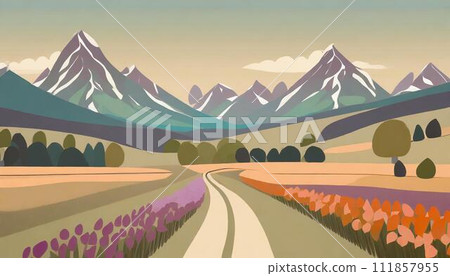 Pop country road illustration, tree-lined road, single road 111857955