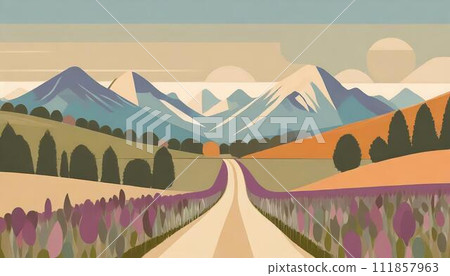 流行鄉村道路插畫,綠樹成蔭的道路,單行道 流行鄉村道路插畫,綠樹成蔭的道路,單行道 111857963