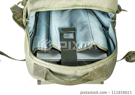 Backpack bag gear protective color khaki, tactical sports equipment isolated on white background 111858021