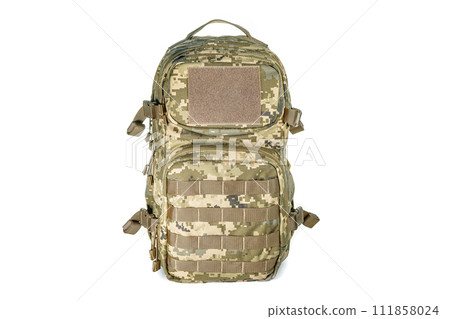 Backpack bag gear protective color khaki, tactical sports equipment isolated on white background 111858024