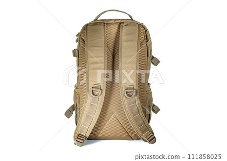 Backpack bag gear protective color khaki, tactical sports equipment isolated on white background 111858025