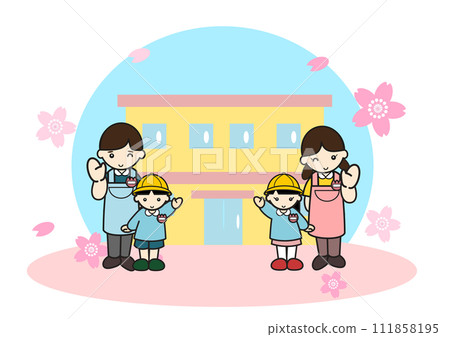 Illustration of a spring landscape with kindergarten children, teacher, and cherry blossoms blooming Illustration of a spring landscape with kindergarten children, teacher, and cherry blossoms blooming 111858195