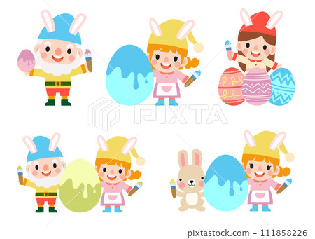 Easter gnomes with bunny rabbit ears, Cute woman wearing bunny ears and Easter eggs Easter gnomes with bunny rabbit ears, Cute woman wearing bunny ears and Easter eggs 111858226