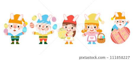 Easter gnomes with bunny rabbit ears, Cute woman wearing bunny ears and Easter eggs Easter gnomes with bunny rabbit ears, Cute woman wearing bunny ears and Easter eggs 111858227