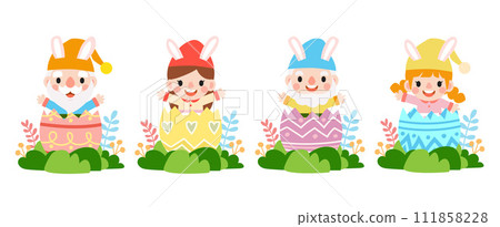 Easter gnomes with bunny rabbit ears, Cute woman wearing bunny ears and Easter eggs Easter gnomes with bunny rabbit ears, Cute woman wearing bunny ears and Easter eggs 111858228