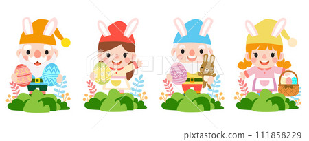 Easter gnomes with bunny rabbit ears, Cute woman wearing bunny ears and Easter eggs Easter gnomes with bunny rabbit ears, Cute woman wearing bunny ears and Easter eggs 111858229