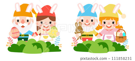 Easter gnomes with bunny rabbit ears, Cute woman wearing bunny ears and Easter eggs Easter gnomes with bunny rabbit ears, Cute woman wearing bunny ears and Easter eggs 111858231