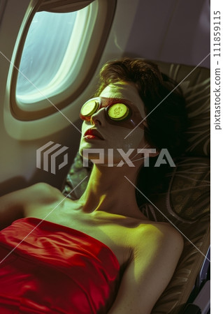 AI-generated content. Woman with mask on her face and cucumber on her eyes sleeping in airplane. Luxury trip 111859115