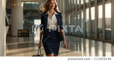 AI-generated content. Elegant, beautiful woman, airport employee, stewardess in navy blue suit walking on empty airport AI-generated content. Elegant, beautiful woman, airport employee, stewardess in navy blue suit walking on empty airport 111859146