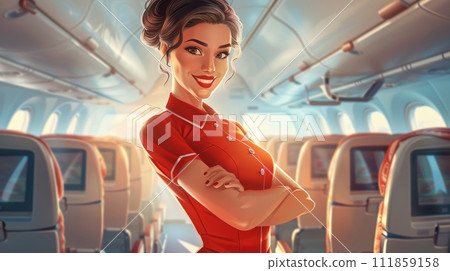 AI-generated content. Cartoon style image. Young, beautiful flight attendant, stewardess standing in plane and inviting you to fly 111859158