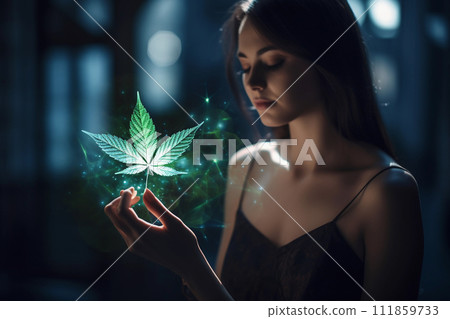 Ethereal Woman with Luminous Cannabis Leaf 111859733