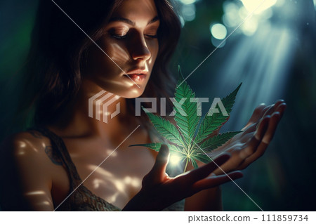 Mystical Cannabis Leaf and Woman 111859734