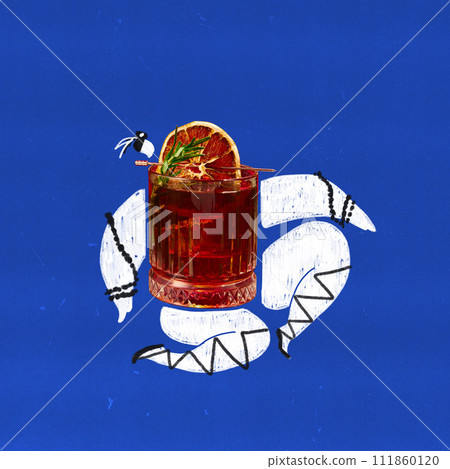 Drawn abstract character and negroni cocktail against blue background. Contemporary art collage. Drawn abstract character and negroni cocktail against blue background. Contemporary art collage. 111860120