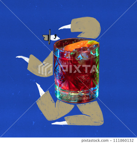 Creative design with negroni cocktail and drawn human against blue background. Contemporary art collage. Creative design with negroni cocktail and drawn human against blue background. Contemporary art collage. 111860132