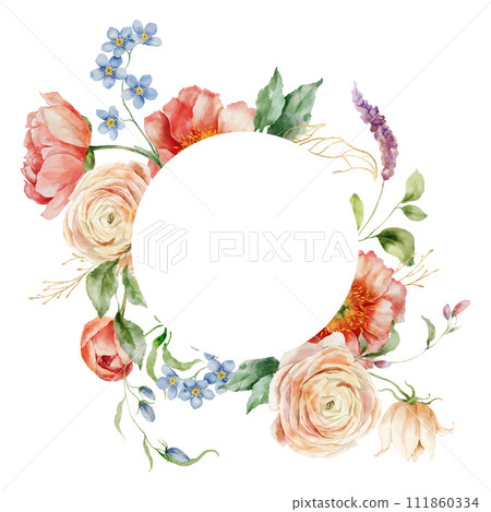 Watercolor floral circle frame of ranunculi, peonies and gold leaves. Hand painted card of flowers isolated on white background. Holiday flowers Illustration for design, print or background. Watercolor floral circle frame of ranunculi, peonies and gold leaves. Hand painted card of flowers isolated on white background. Holiday flowers Illustration for design, print or background. 111860334