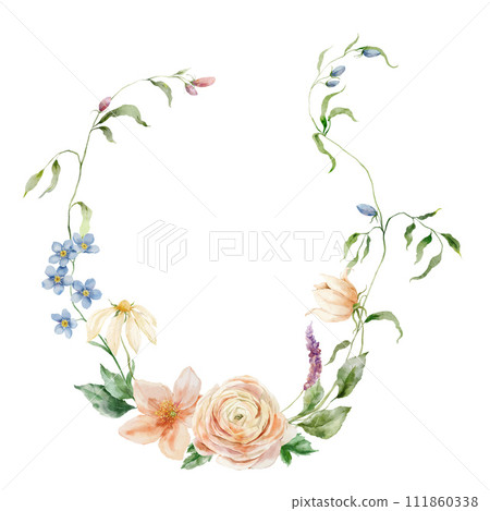 Watercolor floral wreath of bouquet with anemone, narcissus, daisy and leaves. Hand painted card isolated on white background. Holiday flowers Illustration for design, print, fabric or background. Watercolor floral wreath of bouquet with anemone, narcissus, daisy and leaves. Hand painted card isolated on white background. Holiday flowers Illustration for design, print, fabric or background. 111860338