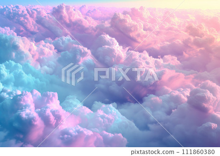 AI-generated content.  Vivid clouds in pink and blue hues giving the impression of a dreamy skyscape, ideal for creative backgrounds, inspirational content, and graphic designs 111860380