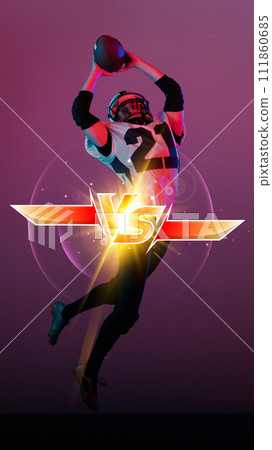 Banner for versus battles. American football player in mid-catch above dynamic 'VS' graphic inscription with negative space on vibrant background. Banner for versus battles. American football player in mid-catch above dynamic 'VS' graphic inscription with negative space on vibrant background. 111860685