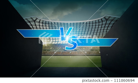 Poster. Creative illustration for battle, team competition with Versus logo with blue neon lights and sparkles against empty soccer field background. Empty space to insert text. 111860694